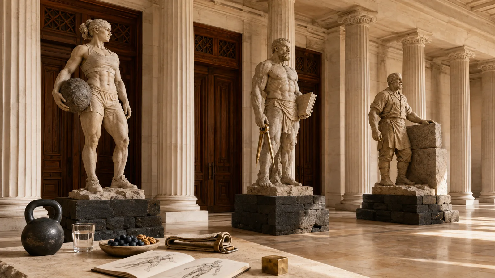 Three classical statues in a marble hall: an athlete holding a stone ball, a scholar with a book and dividers, and a mason resting a hand on a stone block, representing GoldBlock's three pillars of health, systems, and skills.