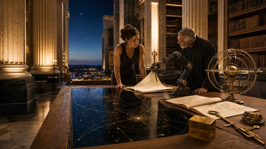 Two people studying charts and instruments at a desk at night, with an armillary sphere and a city skyline behind them